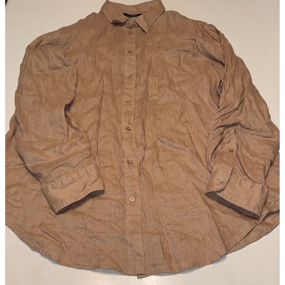 Lauren Ralph Lauren Tan 100% Linen Button Down Shirt XXL Long Sleeve Tan Top